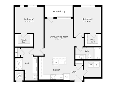 Floor plan for 2 beds, 2 baths, 1097 sqft